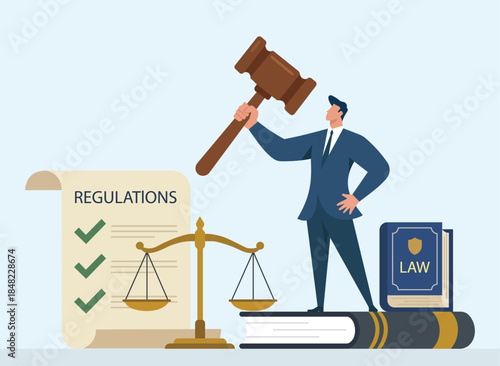 Legal regulations and justice concept illustration with lawyer holding gavel, law books, scales of justice, and regulation checklist document, Regulation Checklist, Scales of Justice, Confident Lawyer