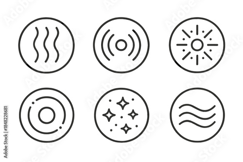 Heat Resonance Icons. Line style vector icons of Heat Resonance: vibrating lines, glowing pulses, radiant cores, field circles,
