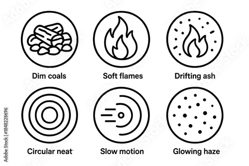 Burning Silence Icons. Line style vector icons of Burning Silence: dim coals, soft flames, drifting ash, circular heat, slow