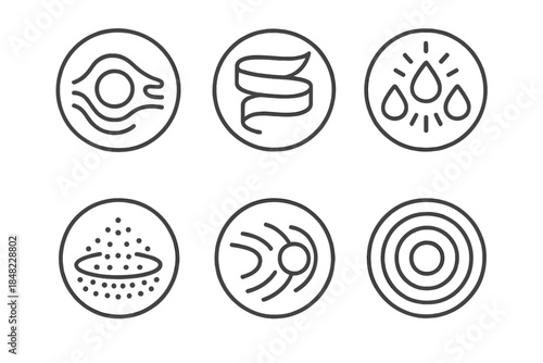 Echoed Emotion Icons. Line style vector icons of Echoed Emotion: glowing trails, curved tapes, radiant drops, layered dust, soft