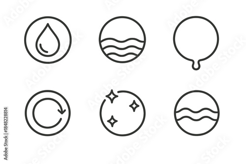 Liquid Light Icons. Line style round vector icons of Liquid Light: droplet glow, rippled sphere, dripping orb, circular flow,