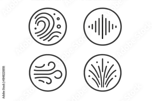 Sonic Vapor Icons. Line style vector icons of Sonic Vapor: curved lines, sound waves, glowing particles, flowing air, radiant arcs
