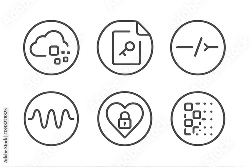 Data Whispers Icons. Line style round vector icons of Data Whispers: pixel breath, hidden message, soft code line, wave of sound,