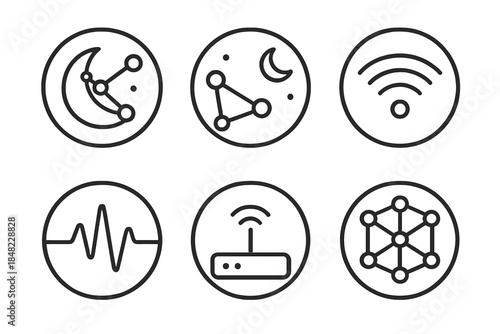 Nocturnal Network Icons. Line style round vector icons of Nocturnal Networks: moon node, night connection, dark signal, glowing