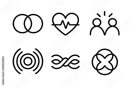Intertwined Unity Symbols. Line style round vector icons of Echoes of Belonging: intertwined circles, shared pulse, glowing