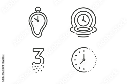 Fading Time Icons. Line style round vector icons of Fading Time: melting clock, slow ripple, dissolving number, circular fade,