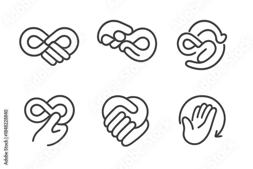 Endless Hand Gesture. Line style round vector icons of Manual Infinity: endless hand loop, continuous gesture, circular motion,
