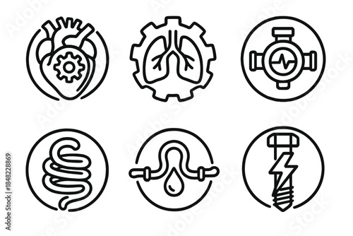 Organic Machine Designs. Line style round vector icons of Organic Machines: heart engine, breathing gear, pulse valve, life coil,