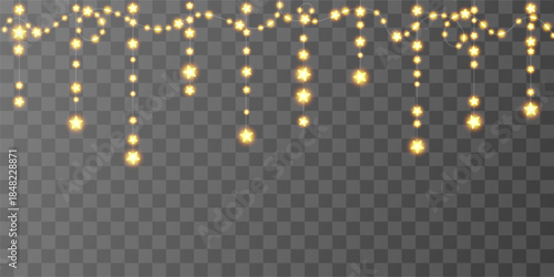 Light bulb hanging curtain, sky chirstmas star garland. Christmas fairy string decor bg, festoon png vector. White gold isolated new year chain, xmas glitter. Wedding frame, winter night header lamps