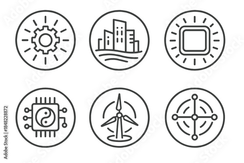 Futuristic Line Icons. Line style round vector icons of Automated Future: solar gear, motion skyline, glowing frame, balanced