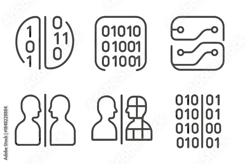 Binary Reflection Icons. Line style round vector icons of Binary Reflection: dual code, shadow byte, paired circuit, digital twin,