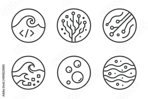 Algorithmic Ocean Icons. Line style round vector icons of Algorithmic Ocean: wave code, digital coral, flowing circuit, pixel tide