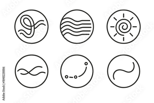 Artificial Currents Icons. Line style round vector icons of Artificial Currents: neon ribbon, virtual flow, parallel gust, radiant