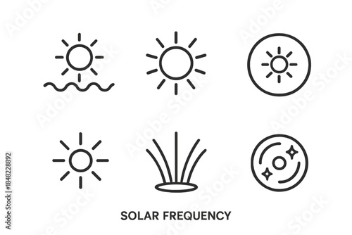 Solar Frequency Icons. Line style round vector icons of Solar Frequency: radiant wave, glowing sun, energy ring, pulsing light,