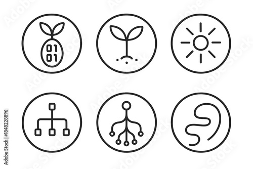 Digital Growth Icons. Line style round vector icons of Digital Origins: binary seed, data sprout, luminous core, algorithmic stem,
