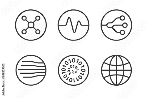 Digital Harmony Icons. Line style round vector icons of Digital Harmony: balanced nodes, pulse wave, linked circuit, signal sphere