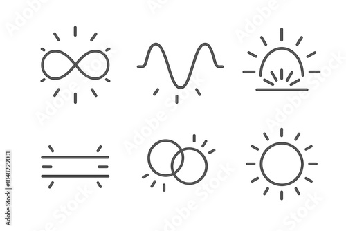 Luminous Balance Icons. Line style round vector icons of Luminous Balance: glowing loop, harmonic curve, radiant path, parallel