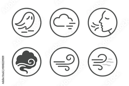 Phantom Air Icons. Line style round vector icons of Phantom Air: spectral wave, quiet cloud, fading breath, shadow mist, silent