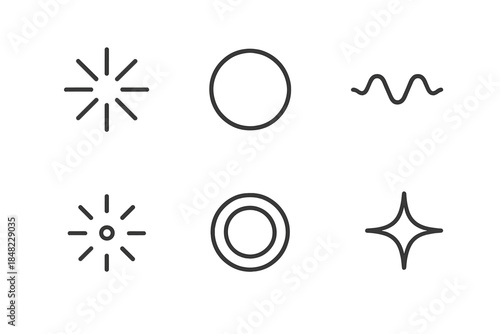 Radiant Pulse Icons. Line style round vector icons of Blinding Pulse: radiant burst, glowing circle, electric wave, flashing dot,