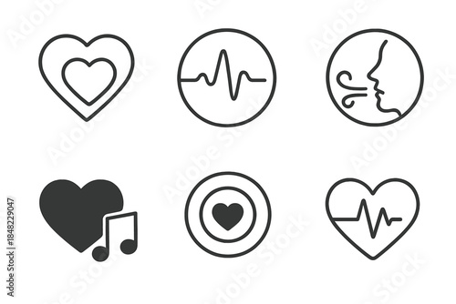 Emotional Depth Icons. Line style round vector icons of Emotional Depth: shadow heart, faint rhythm, hidden breath, silent beat,