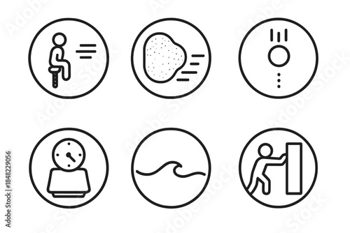 Abandoned Force Icons. Line style round vector icons of Abandoned Force: silent pull, fading mass, invisible fall, empty weight,