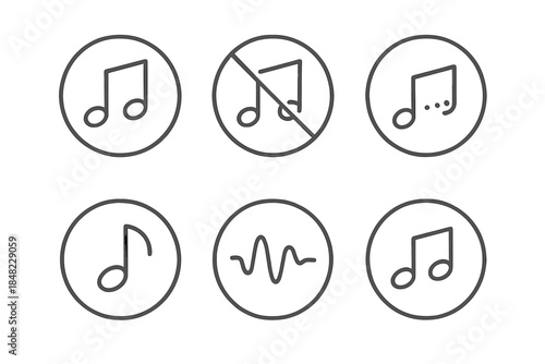 Musical Iconography. Line style round vector icons of Notes Without Names: floating note, silent melody, fading rhythm, curved