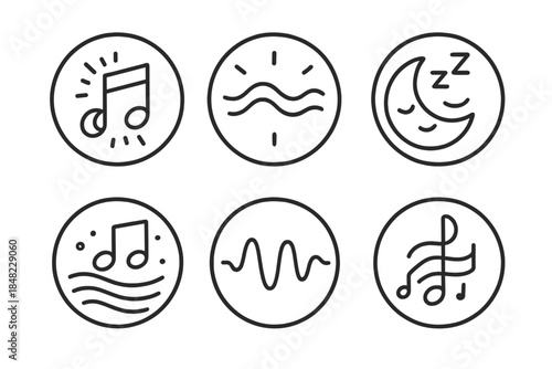 Dream Harmony Icons. Line style round vector icons of Dream Harmony: luminous note, glowing wave, sleep tone, floating rhythm,
