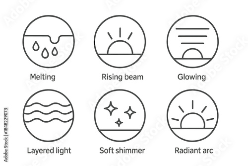 Thermal Horizon Icons. Line style round vector icons of Thermal Horizon: melting edge, rising beam, glowing stripe, layered light,