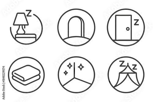 Nocturnal Shelter Icons. Line style round vector icons of Nocturnal Shelter: sleeping lamp, curved wall, quiet room, folded
