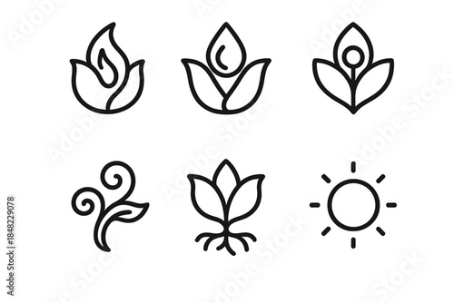 Elemental Bloom Icons. Line style round vector icons of Elemental Bloom: airy flame, water petal, stone seed, wind vine, radiant