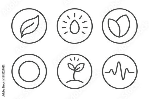 Organic Spectrum Icons. Line style round vector icons of Organic Spectrum: flowing leaf, radiant seed, curved petal, glowing stem,