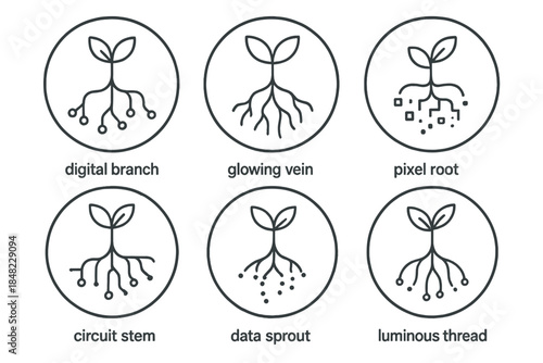 Digital Roots Icons. Line style round vector icons of Virtual Roots: digital branch, glowing vein, pixel root, circuit stem, data