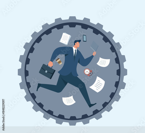 Businessman running in a giant gear surrounded by paperwork and devices, symbolizing hectic work, deadline pressure, and feeling trapped in a corporate rat race, Time Pressure, Corporate Rat Race