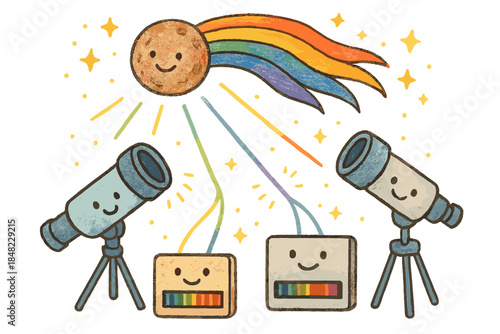 Comet Spectroscopy Fun. Playful doodle cometary spectroscopy illustration with happy telescopes, cartoon light beams analyzing