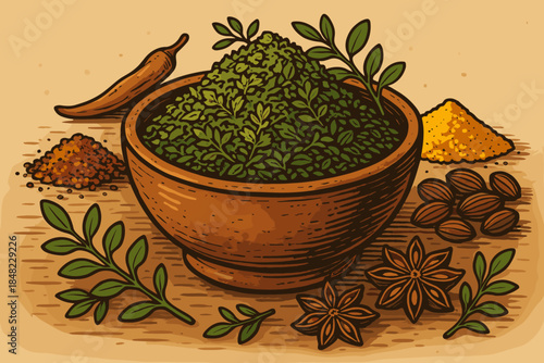 Herbs and Spices Bowl. Vibrant blend of dried herbs vector illustration and spices arranged in a rustic bowl, rich earthy tones,