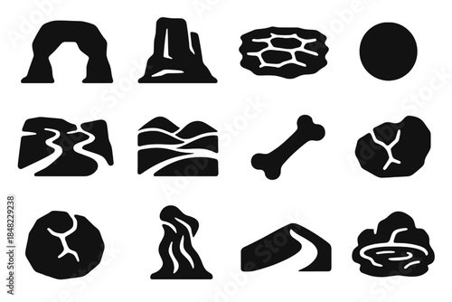 Arid Landform Icons. Solid style icons of Arid Wonders: Rock Arch, Sandstone Cliff, Salt Flat, Dry Lake, Canyon Path, Painted