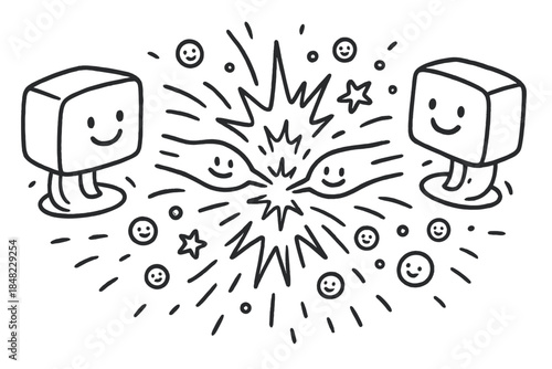 Joyful Particle Collider. Playful doodle particle collider with happy detectors, smiling beams of energy, cartoon collision sparks