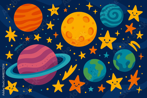 Cosmic Whimsy for Kids. Whimsical cosmic scene with illustrated planets vector illustration and playful stars, vibrant colors and