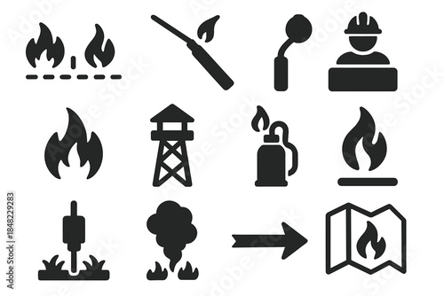 Controlled Burn Icons. Solid style icons of Controlled burn management: backfire line, ignition tool, firebreak, monitoring post,