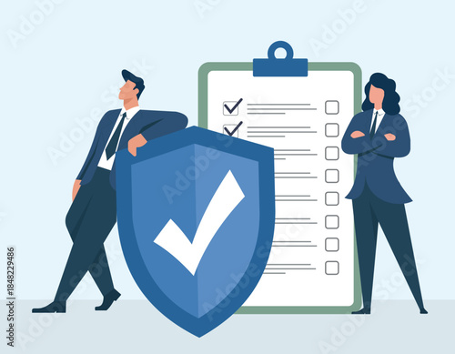 Compliance and data protection concept with business people, checklist and shield security illustration, Security Shield, Business Protection, Compliance Checklist, Professional Teamwork, Data Privacy