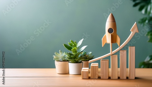 wooden rocket toy with rising bar graph on wooden desk representing business growth and startup success with interior plants