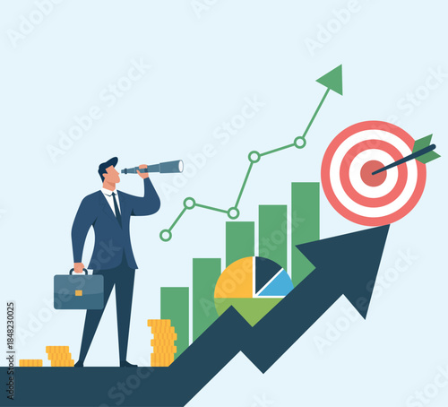 Business growth and goal achievement concept with businessman, financial charts, rising arrow, investment coins and target success, Business Vision, Financial Growth, Data Analytics