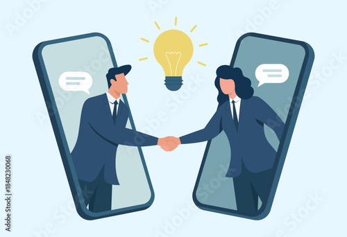 Digital handshake partnership and online business collaboration concept, Remote business agreement, Virtual partnership, Online communication, Teamwork and collaboration, Innovative idea sharing