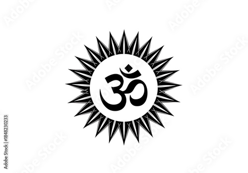 Black om symbol surrounded by sunburst on white background