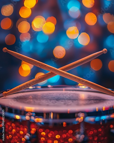 Closeup of drum set under concert lights high resolution picture
