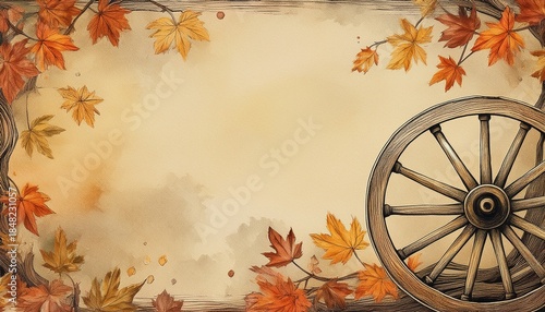 a wooden wagon wheel with spokes and a hubcap with fallen leaves on a vintage paper background art