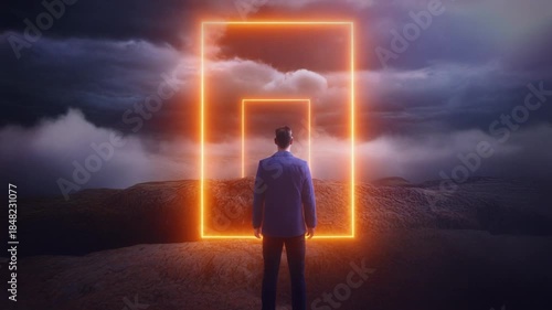 Digital artwork. Man facing glowing orange portal in wide landscape with clouds. 