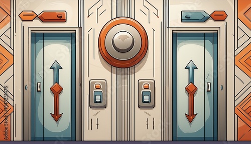 repeating pattern featuring stylized elevator doors buttons and directional arrows on a light background