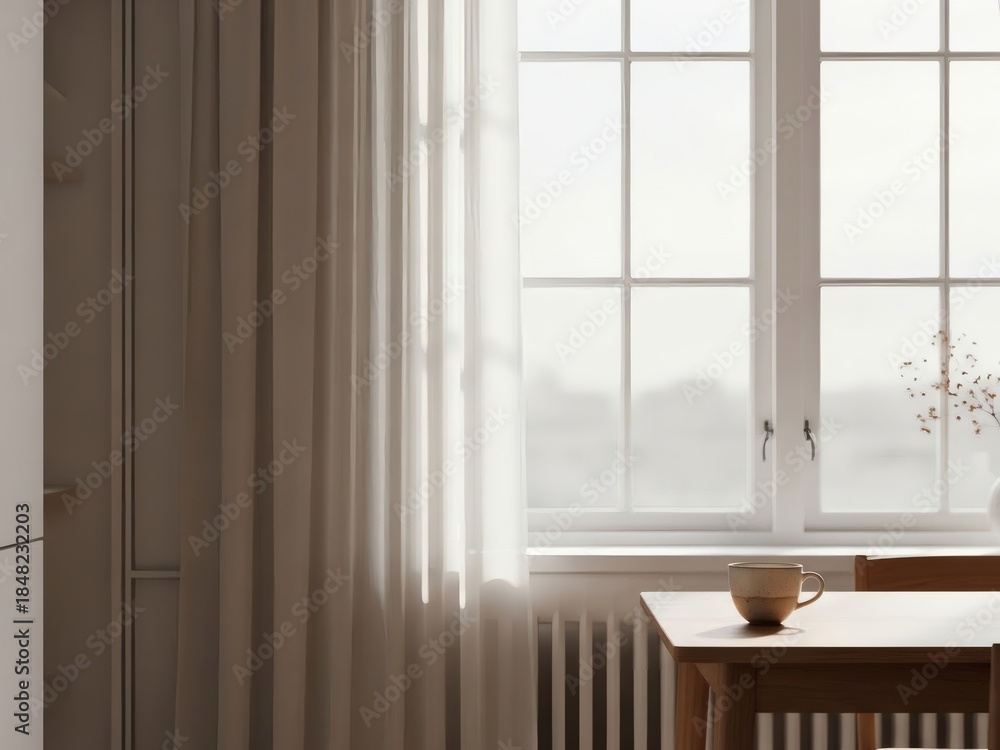 Fototapeta premium Minimalist European Apartment Interior with Morning Light and Coffee Cup