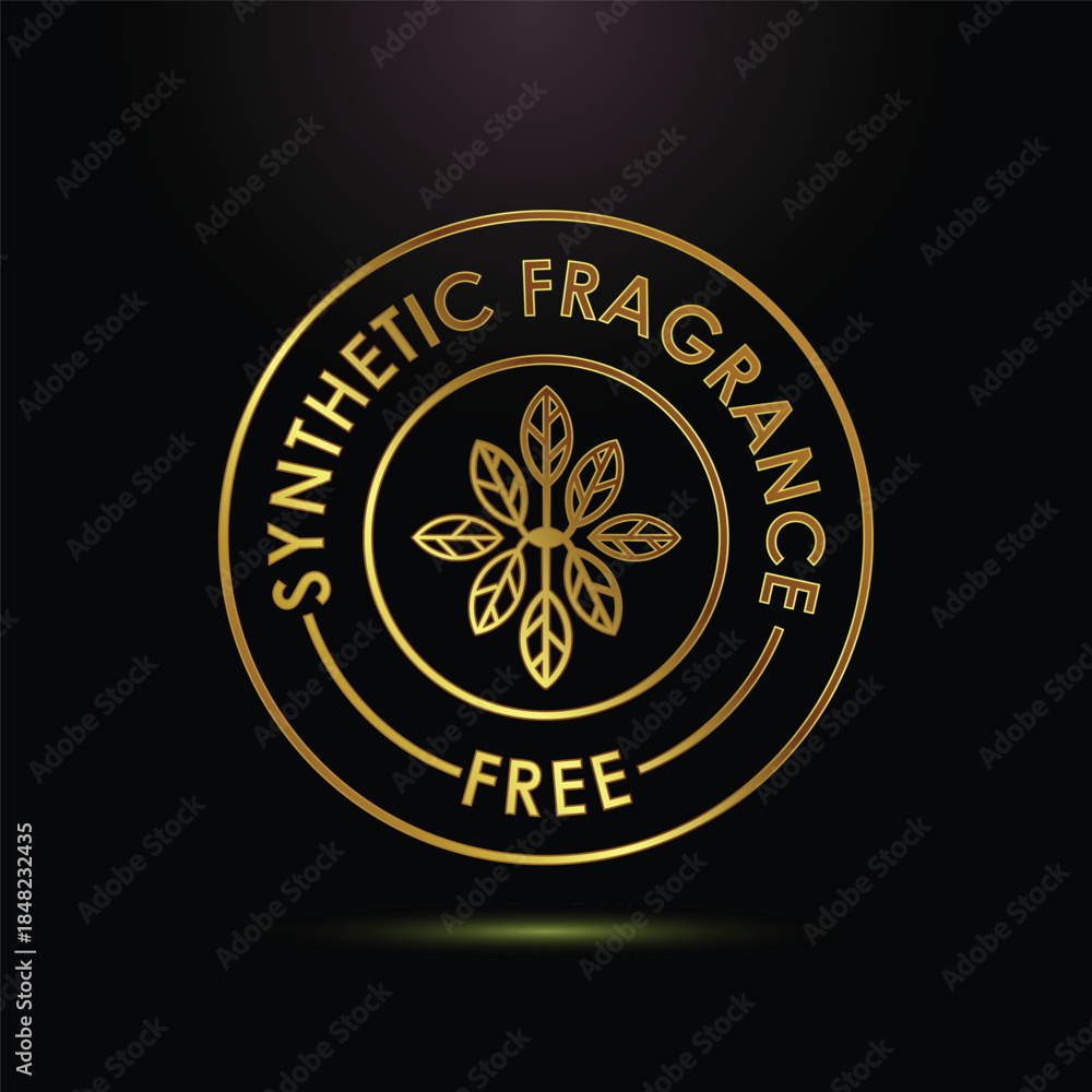 Naklejka premium synthetic fragrance free logo design, gold logo with leaves on solid background